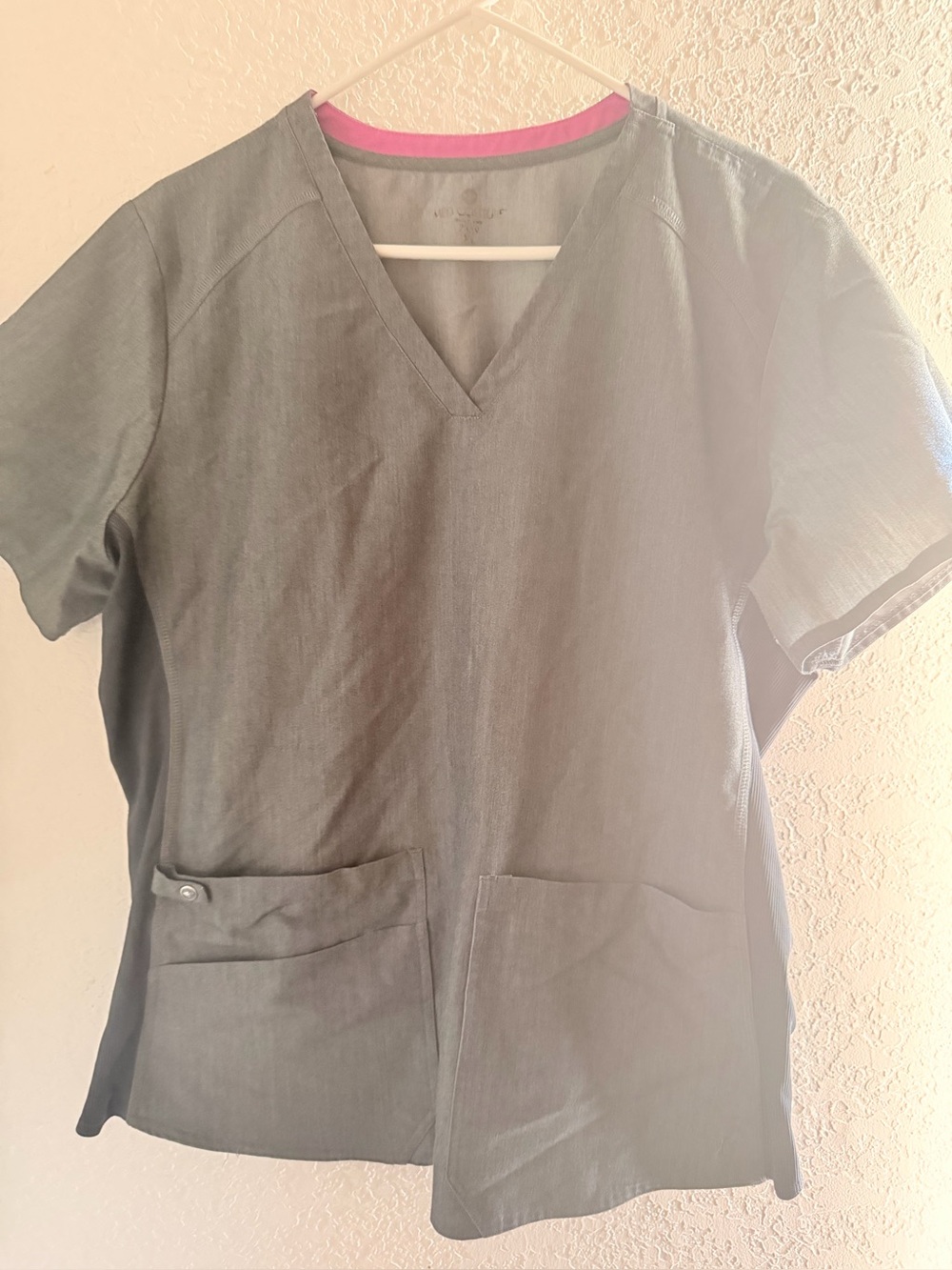 Med Couture Women's Gray Scrub Top with Pink Trim